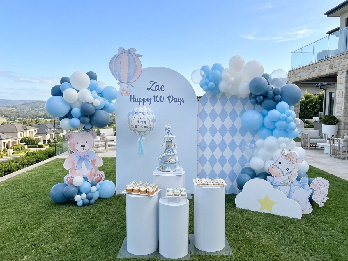 Baby Blue Carousel 夢幻百日宴氣球佈置|小熊木馬主題