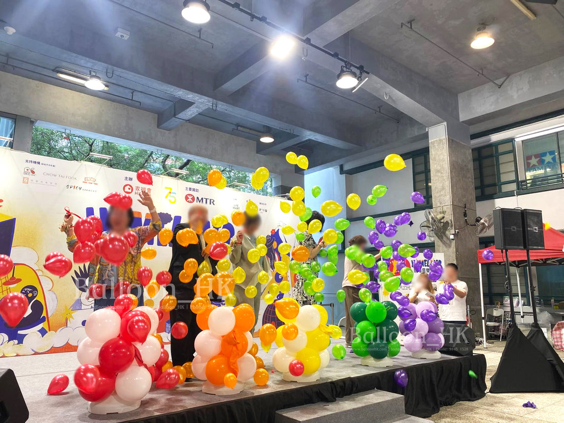 Opening ceremony burst balloon column for corporate grand opening event，企業開幕儀式爆破氣球柱佈置
