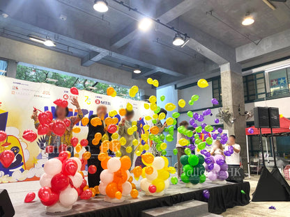 Opening ceremony burst balloon column for corporate grand opening event，企業開幕儀式爆破氣球柱佈置

